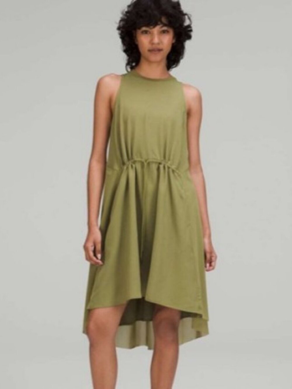 Lululemon Mesh Overlay High-Neck Dress Green Tie Waist High Low Pockets 8